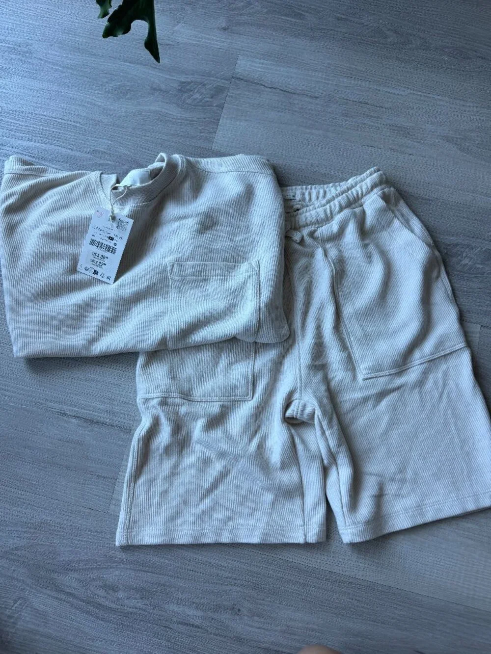 ZARA Waffle Knit Matching Set NWT Cream Pocket Tee & Shorts Size 11-12Y